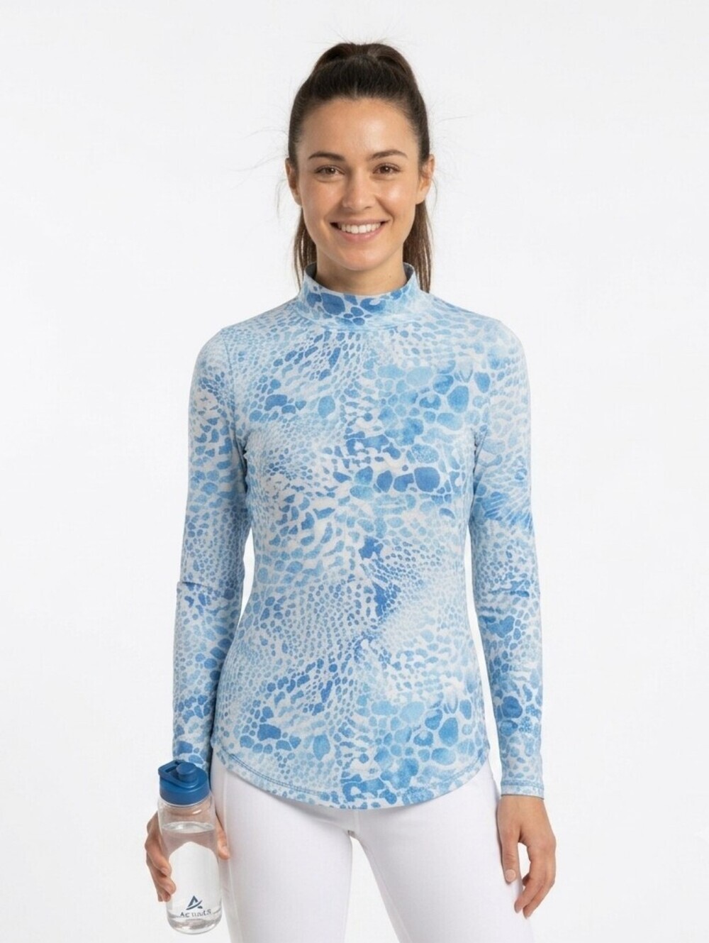 Calia Blue Abstract Animal Print Mock Neck Long Sleeve Activewear Top - Medium